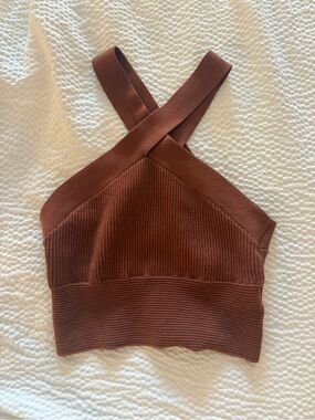Abercrombie & Fitch Ribbed Cross-Back Crop Top in Rust Brown